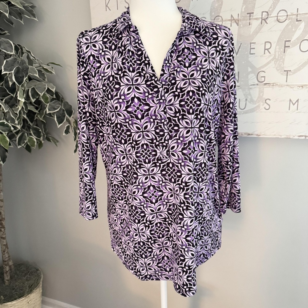 Dana Buchman Shirt Womens Medium Purple Black Geometric Print‎ Stretch Tunic Top